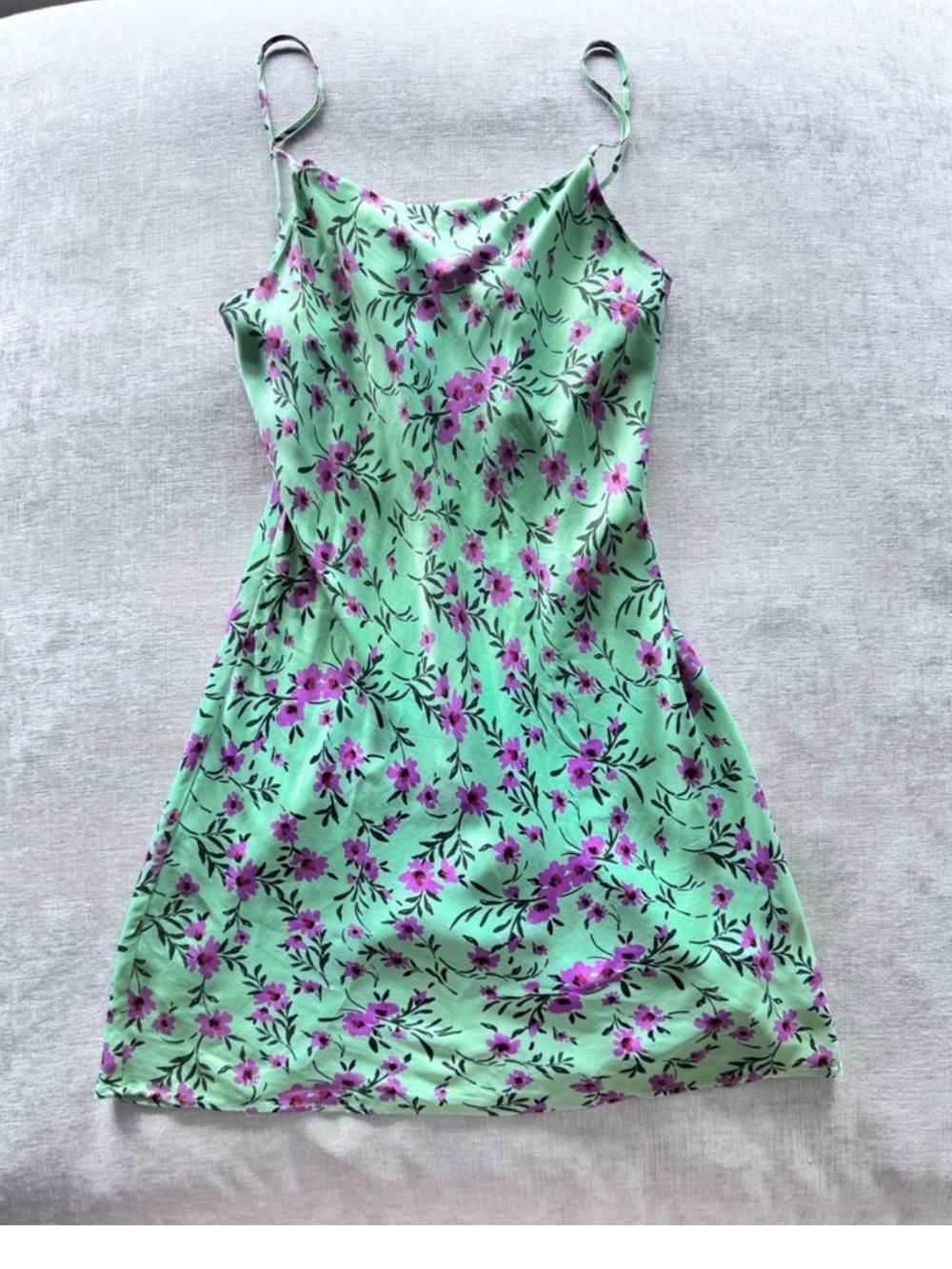 Satin green floral mini dress.